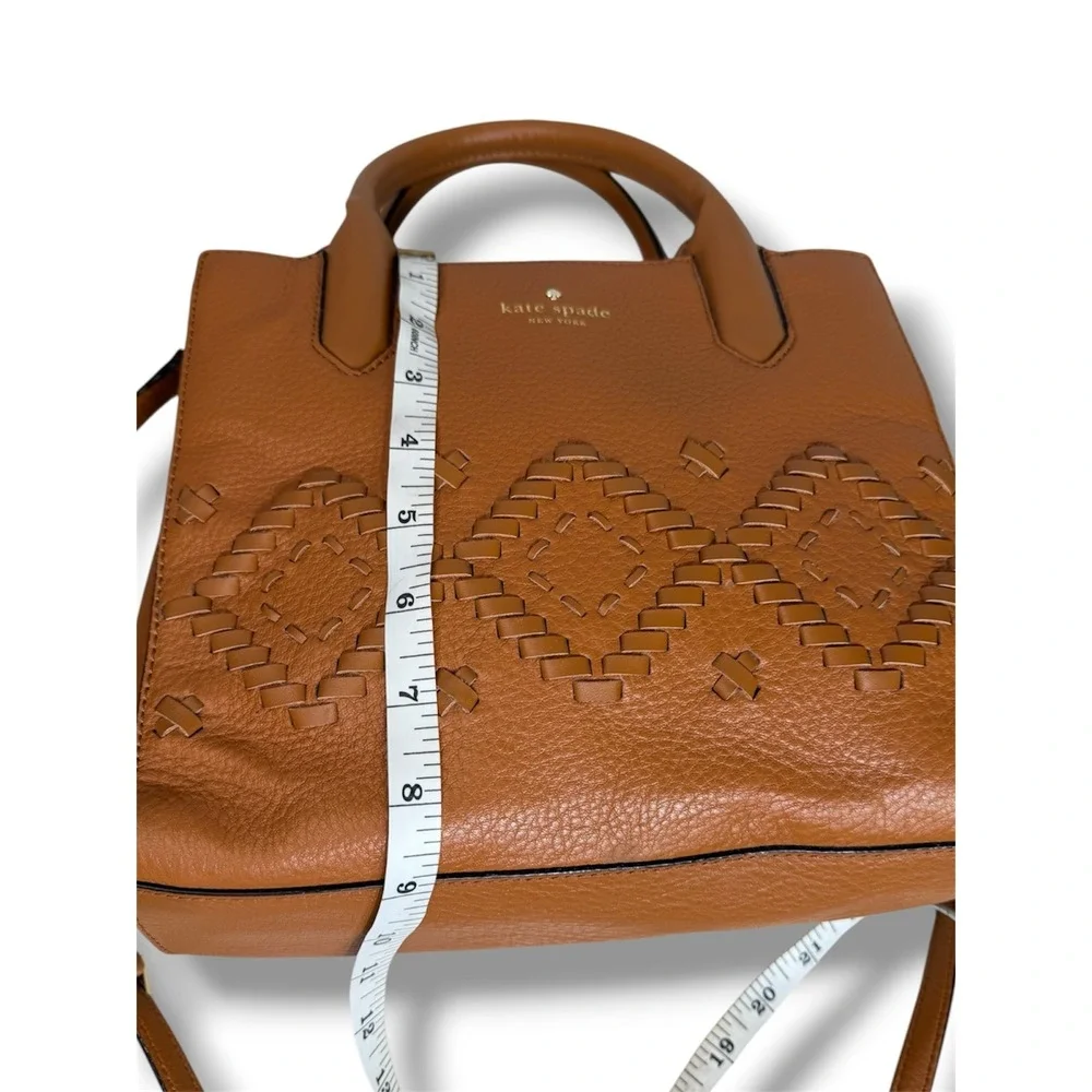 Kate Spade Meriwether Cognac Pebbled Leather Woven Diamond Satchel Crossbody Bag